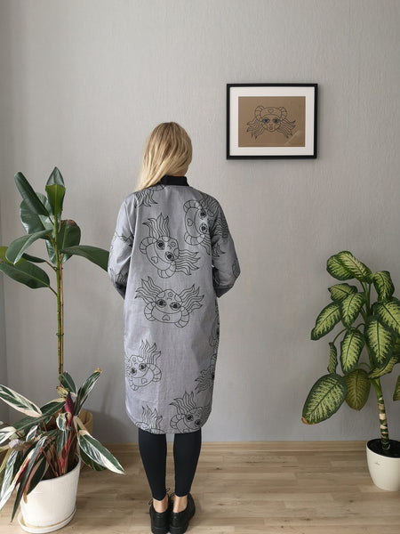 Beautiful, Comfortable, Versatile Oversized Shirt Dress "Bell Hooks" made in Grey Lāčplēsene patterned Cotton fabric. 