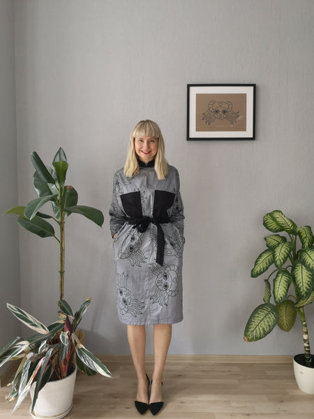 Beautiful, Comfortable, Versatile Oversized Shirt Dress "Bell Hooks" made in Grey Lāčplēsene patterned Cotton fabric. 