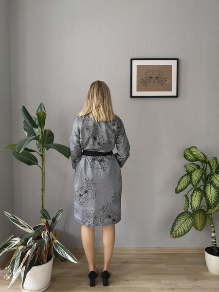 Beautiful, Comfortable, Versatile Oversized Shirt Dress "Bell Hooks" made in Grey Lāčplēsene patterned Cotton fabric. 