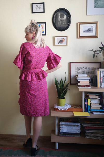 Fun and Feminine Bright Pink Patterned Cotton Wrap Dress with Ruffle and Special Ruffle Belt