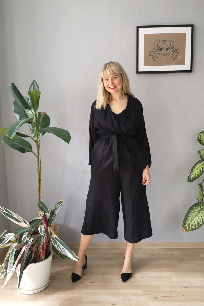 Kimono and Minimalist inspired Black Linen Power Suite