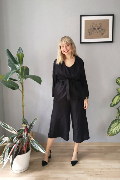 Kimono and Minimalist inspired Black Linen Power Suite