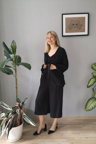 Kimono and Minimalist inspired Black Linen Power Suite