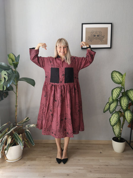 Fancy and Comfy Oversized Mauve Linen Shirt Dress with Wide Ruffle Skirt and Handprinted Pattern Lāčplēsene