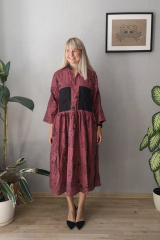 Fancy and Comfy Oversized Mauve Linen Shirt Dress with Wide Ruffle Skirt and Handprinted Pattern Lāčplēsene