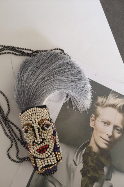 Channel Your Inner Tilda Swinton. Channel Your Authenticity. Grey and White Portrait Upside Down Tassel  Necklace