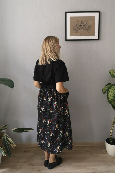 Fun, Comfy and Versatile Special Design Wide Midi Skirt in Black Cotton Fabric with Colorful Dots and Contrasting Black Pockets in One Size Fits Most- A Minimalist Dream