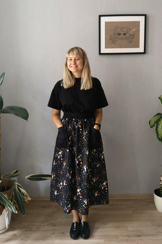 Fun, Comfy and Versatile Special Design Wide Midi Skirt in Black Cotton Fabric with Colorful Dots and Contrasting Black Pockets in One Size Fits Most- A Minimalist Dream