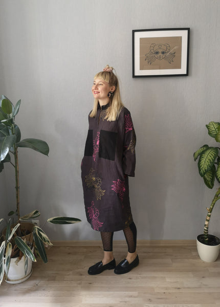 Beautiful, Comfortable, Versatile Oversized Shirt Dress "Bell Hooks" made in Aubragine Color Lāčplēsene patterned Linen fabric. 