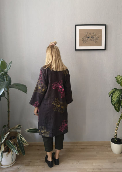 Beautiful, Comfortable, Versatile Oversized Shirt Dress "Bell Hooks" made in Aubragine Color Lāčplēsene patterned Linen fabric. 