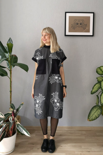 Zaha Hadid - Dark Grey Straight Oversized Short Sleeved Cotton Dress with Pockets, White Hand printed Heroine Lāčplēsene Pattern and Sexy Back Detail for All Seasons