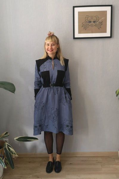 Rosa Perks - Space Warrior Princess Heroine Shirt Dress in Pigeon Blue Linen and Black Handprinted Lāčplēsene print with black details