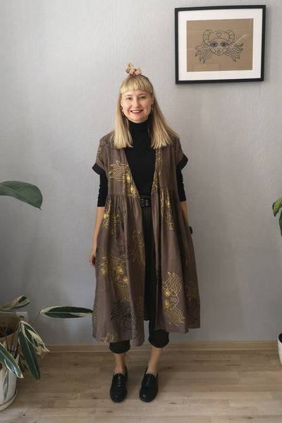 Kimono Transformer Wrap Dress "Diane fon Furstenberg"  with Wide Skirt Detail Made from Hand Printed Lāčplēsene Patterned Sand and Gold Colored Linen