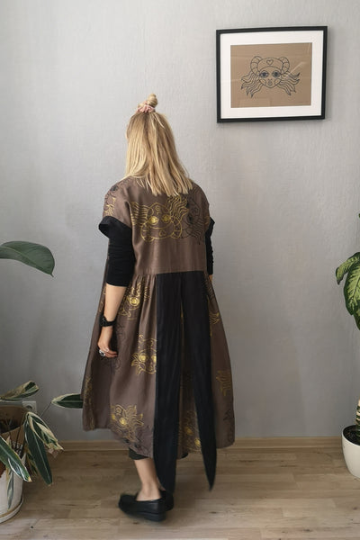 Kimono Transformer Wrap Dress "Diane fon Furstenberg"  with Wide Skirt Detail Made from Hand Printed Lāčplēsene Patterned Sand and Gold Colored Linen