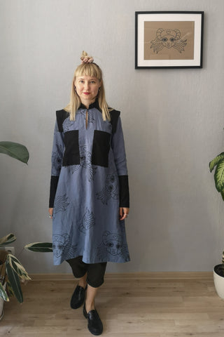 Rosa Perks - Space Warrior Princess Heroine Shirt Dress in Pigeon Blue Linen and Black Handprinted Lāčplēsene print with black details