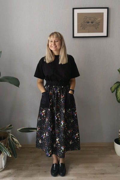 Colorful Black and Bright Dotted Print One Size Fits All Wide Colorful Cotton Skirt with Pockets - A Minimalist Dream