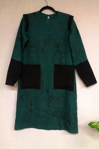 Forest Green One of a Kind Linen Heroine Dress with Black Hand Printed Lscplesene/Heroine Pattern and Black Linen Details