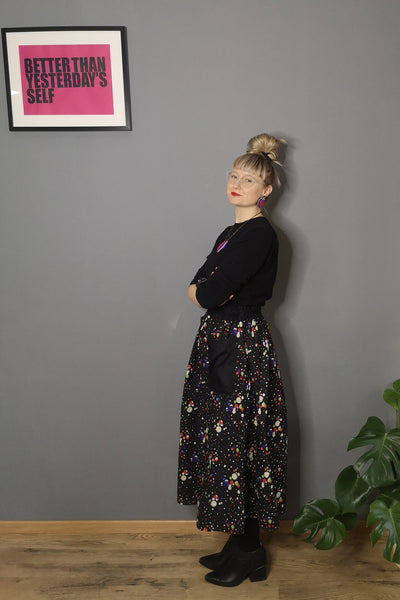 Colorful Black and Bright Dotted Print One Size Fits All Wide Colorful Cotton Skirt with Pockets - A Minimalist Dream