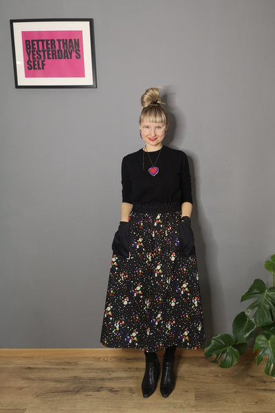 Colorful Black and Bright Dotted Print One Size Fits All Wide Colorful Cotton Skirt with Pockets - A Minimalist Dream