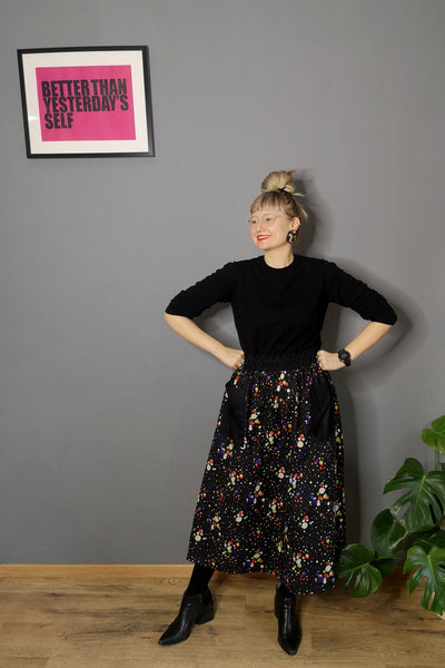 Colorful Black and Bright Dotted Print One Size Fits All Wide Colorful Cotton Skirt with Pockets - A Minimalist Dream