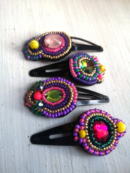 Set of Four Oversized Fun, Colorful and Sparkly One of A Kind Hair Pins