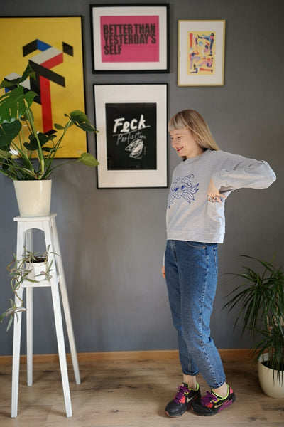 Light Grey Melange Cotton Cropped Sweatter with pockets and Hand Printed Cobalt Blue Lāčplēsene/ Heroine