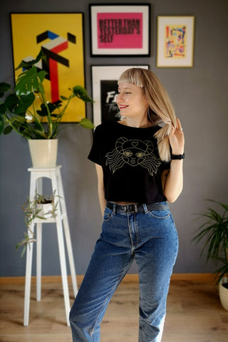 Zero Waste Heroine Lāčplēsene Handmade Black Cotton Crop Top with Handmade Silkscreen Golden Print