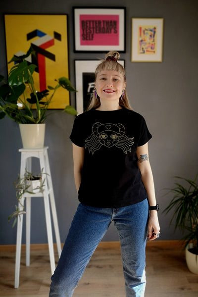 Zero Waste Heroine Lāčplēsene Handmade Black Cotton Tshirt with Handmade Silkscreen Golden Print