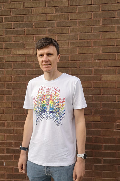 Rainbow Lāčplēsene /Heroine  White Organic Unisex Tshirt with Colorful Rainbow Print