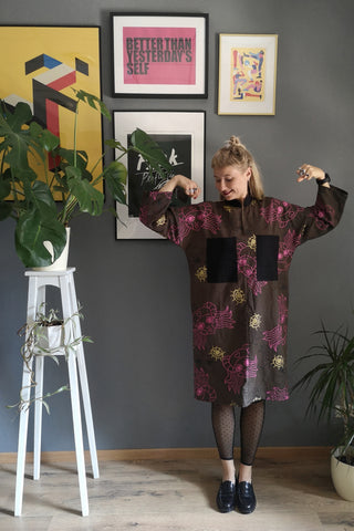 Cool, Comfortable, Versatile Simple Cut Oversized Shirt Dress "Bell Hooks" made in Khaki Green/Brown Line  Lāčplēsene patterned Linen. 
