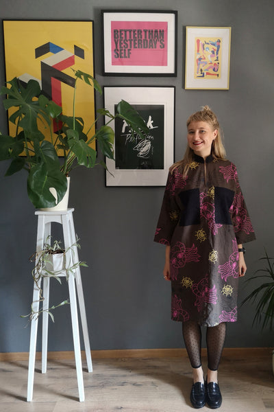 Cool, Comfortable, Versatile Simple Cut Oversized Shirt Dress "Bell Hooks" made in Khaki Green/Brown Line  Lāčplēsene patterned Linen. 