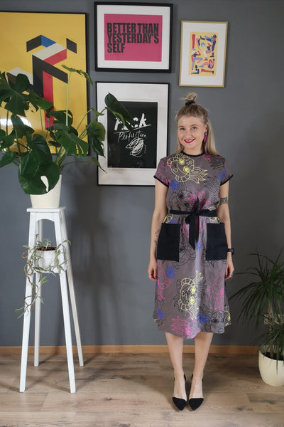 Greta Thunberg dress - Colorful and Versetile Linen Midi Tshirt Dress with Pockets and handprinted Heroine Lāčplēsene patter