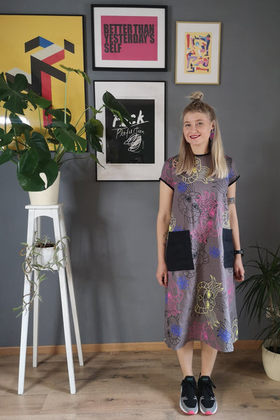 Greta Thunberg dress - Colorful and Versetile Linen Midi Tshirt Dress with Pockets and handprinted Heroine Lāčplēsene patter