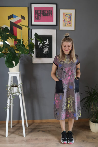 Greta Thunberg dress - Colorful and Versetile Linen Midi Tshirt Dress with Pockets and handprinted Heroine Lāčplēsene patter