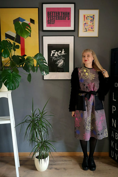 Greta Thunberg dress - Colorful and Versetile Linen Midi Tshirt Dress with Pockets and handprinted Heroine Lāčplēsene patter