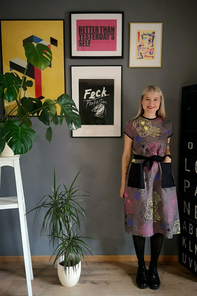 Greta Thunberg dress - Colorful and Versetile Linen Midi Tshirt Dress with Pockets and handprinted Heroine Lāčplēsene patter