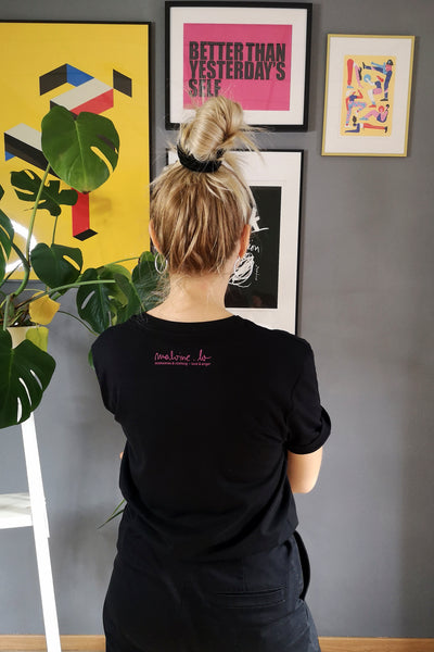Gold and Pink Lāčplēsene/ Heroine - Black Organic Oversized Unisex Tshirt with One of a Kind Special Print