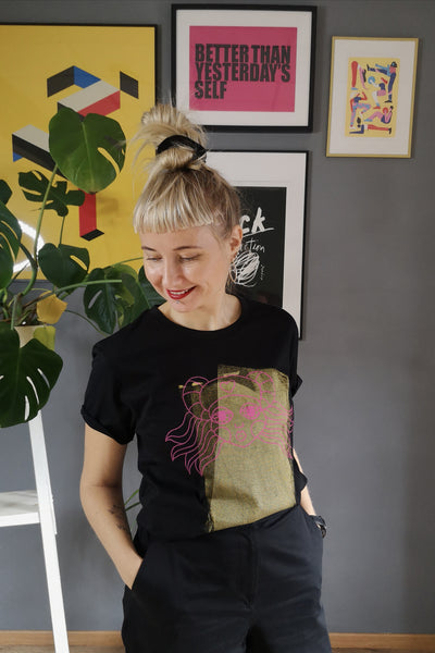 Gold and Pink Lāčplēsene/ Heroine - Black Organic Oversized Unisex Tshirt with One of a Kind Special Print