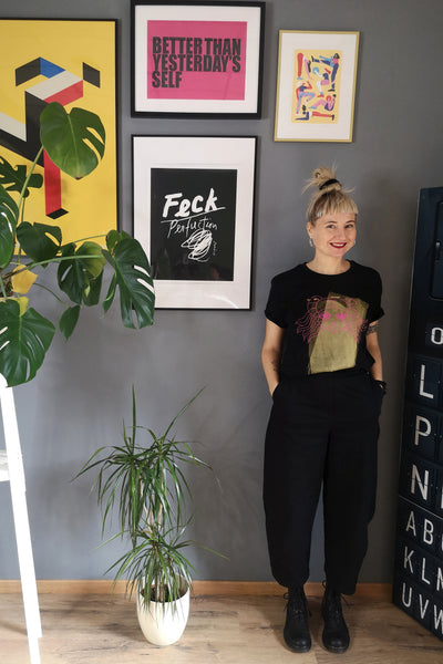 Gold and Pink Lāčplēsene/ Heroine - Black Organic Oversized Unisex Tshirt with One of a Kind Special Print