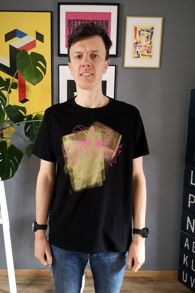Gold and Pink Lāčplēsene/ Heroine - Black Organic Oversized Unisex Tshirt with One of a Kind Special Print