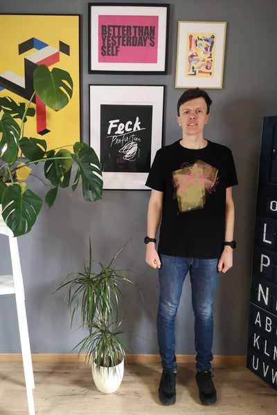 Gold and Pink Lāčplēsene/ Heroine - Black Organic Oversized Unisex Tshirt with One of a Kind Special Print