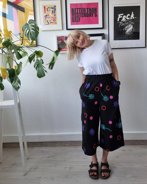 Scandinavian Design Inspired Handprinted Pattern Black Linen Blend Wide Statement Japanese Style Minimalist Culottes in 4/5 Lenght and Cargo Pockets