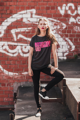 Unisex T-shirt "Better Than Yesterday's Self" Neon Pink + dark grey