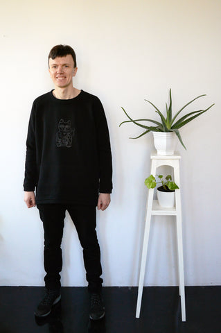 Long and Super Warm Black Unisex Statement Sweater with Lucky Cat - Maneki-Neko Print