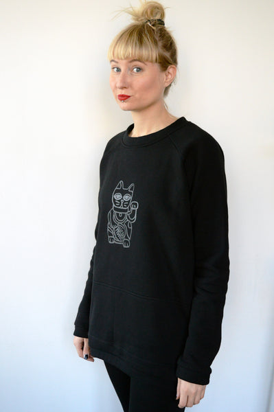 Long and Super Warm Black Unisex Statement Sweater with Lucky Cat - Maneki-Neko Print