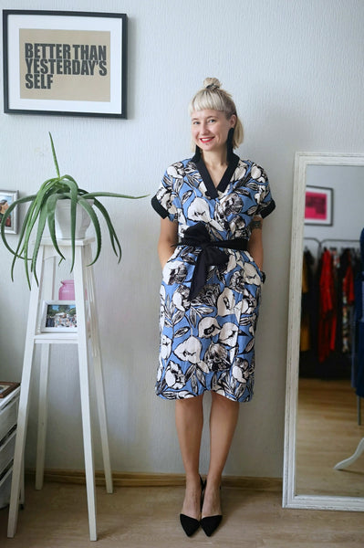 Light Blue, Black an Cream white Flower Print Linen Fabric Kimono Safari Dress and Jacket Two in One Transformer Piece