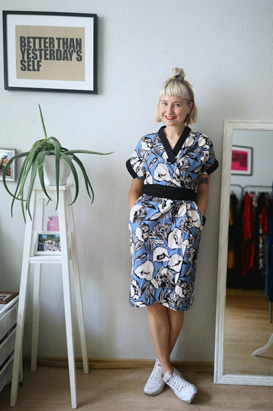 Light Blue, Black an Cream white Flower Print Linen Fabric Kimono Safari Dress and Jacket Two in One Transformer Piece