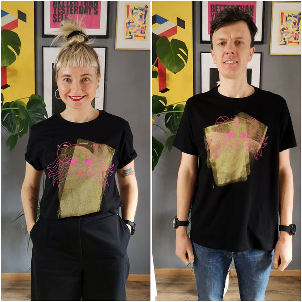 Gold and Pink Lāčplēsene/ Heroine - Black Organic Oversized Unisex Tshirt with One of a Kind Special Print
