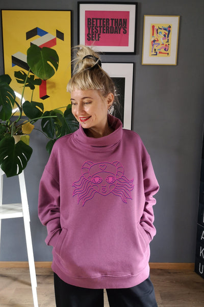 Unisex sweater The Heroine/ Lāčplēsene: Mauve +Pink and Blue print Organic cotton Warm Sweatshirt with Pockets and High Neck