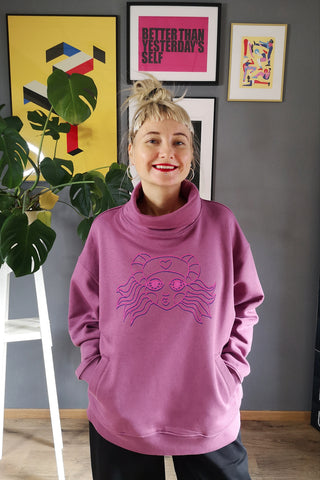 Unisex sweater The Heroine/ Lāčplēsene: Mauve +Pink and Blue print Organic cotton Warm Sweatshirt with Pockets and High Neck